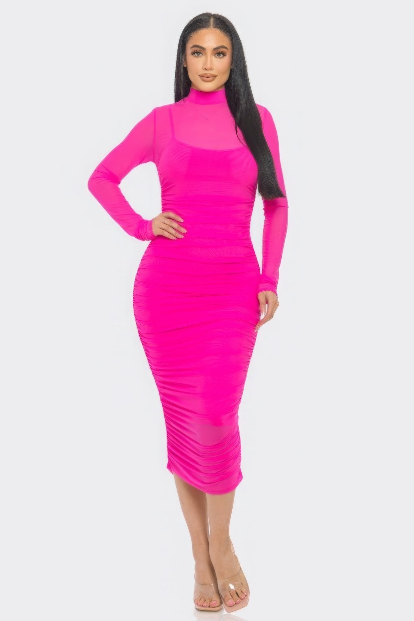 Alpha X Solid Mesh Ruched Midi Dress